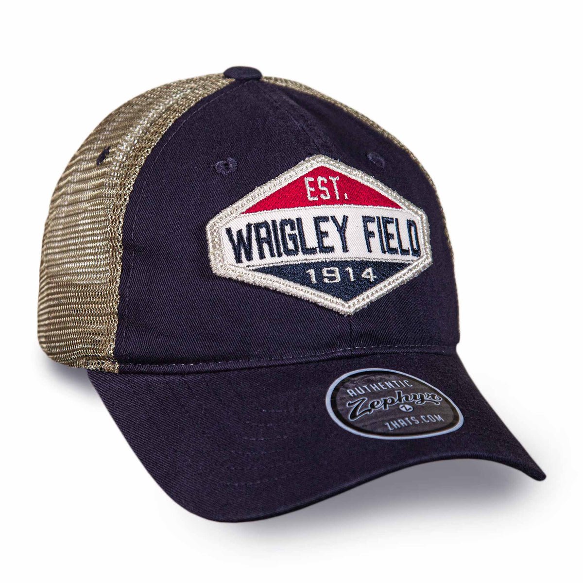 Wrigley Field Chicago Unstructured Trucker Cap Blue Cursive W/Chicago Flag  6990 at  Men's Clothing store