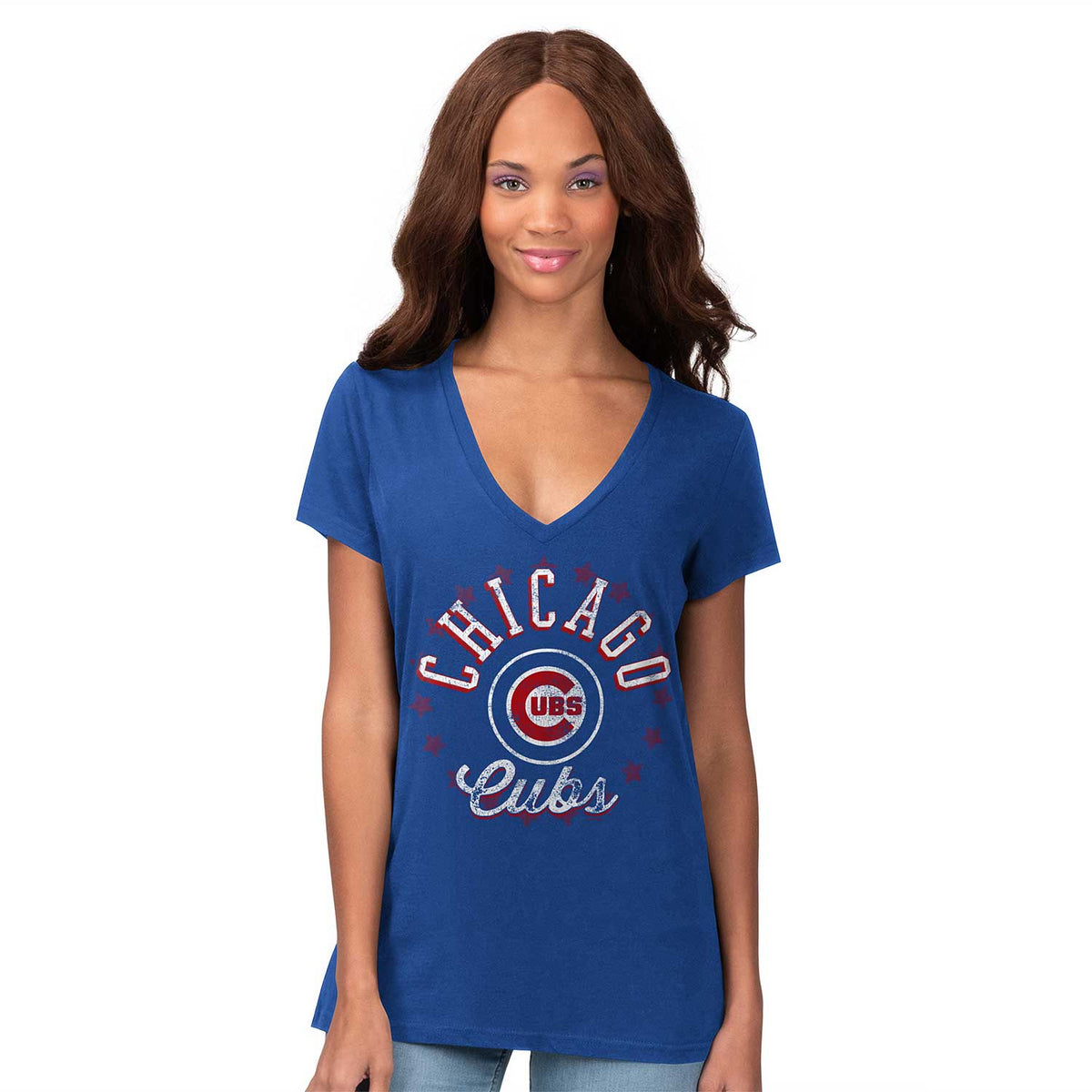 Majestic Ladies Chicago Cubs Tee Curveball Babe Deep V-Neck Top