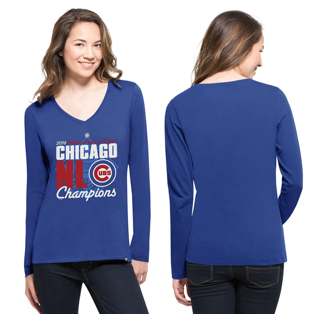 Buy the Womens Blue Chicago Cubs Champs V-Neck Pullover T-Shirt