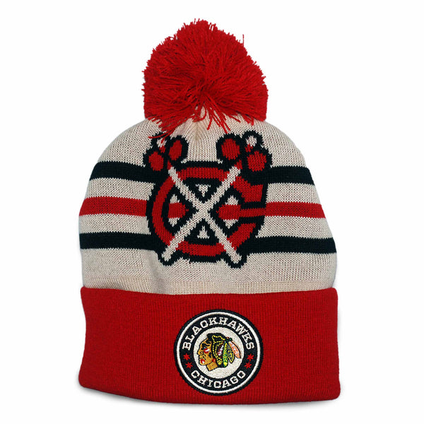 Chicago Blackhawks Mitchell & Ness 2024 Winter Classic Stripes Knit Pom Winter Hat