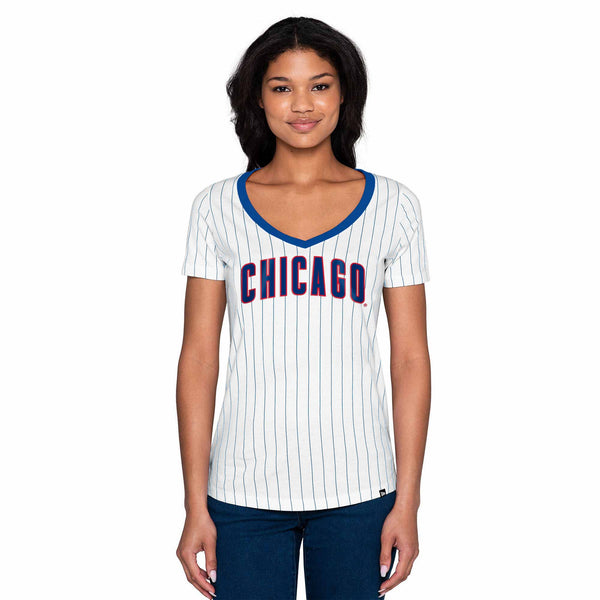 New Era Cap Chicago Cubs Ladies Pinstripe V-Neck T-Shirt Medium